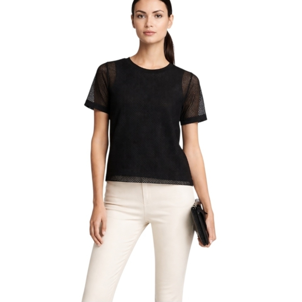 Banana Republic Black Mesh Overlay Top Short Sleeve Zip Back Size M Modern Chic.